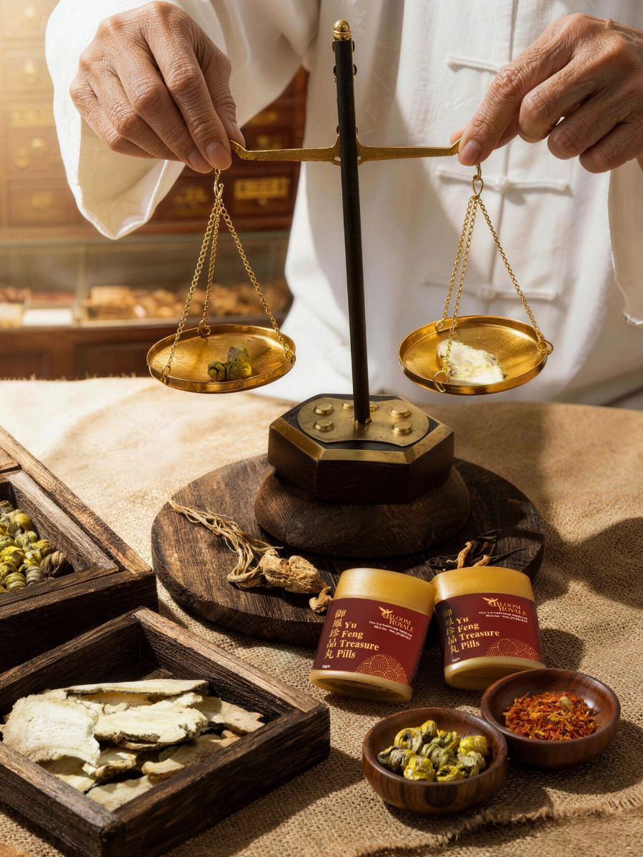 A herbalist weighing herbs on a brass balance